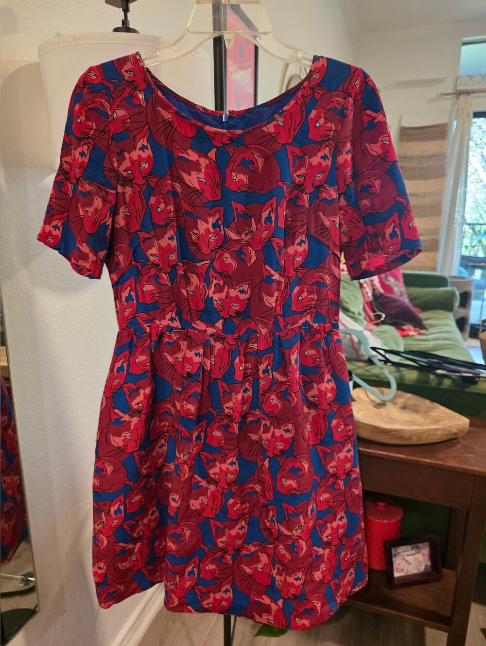Peter Som Red & Blue Cat Print Dress